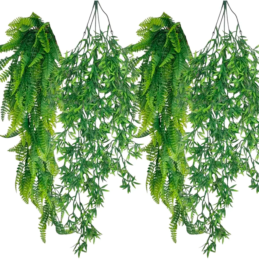 Mix 2 Pendentes de Samambaia+2 Pendentes de Bambu Artificial 80cm Pendurada Verde Artificial