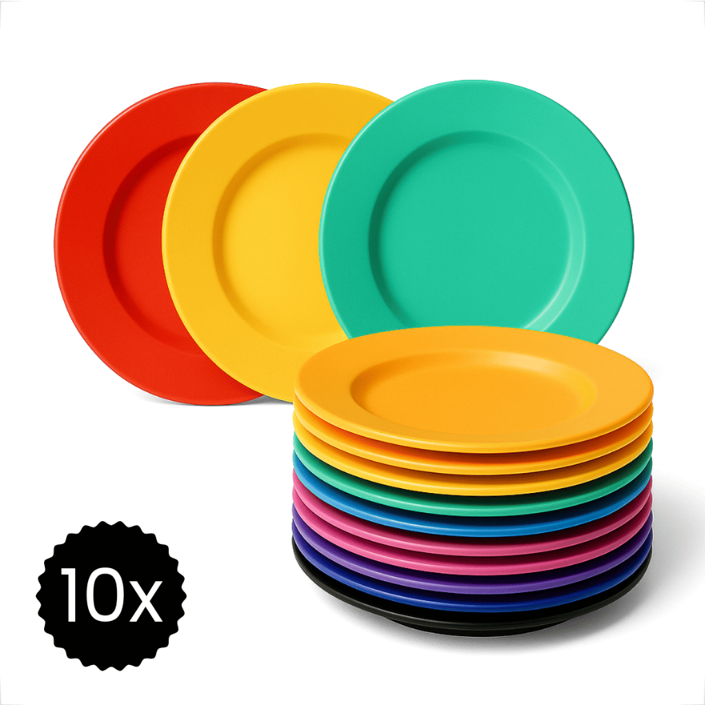Kit 10 Pratos Plásticos Fundo Coloridos Premium Reutilizável Para Eventos Refeições Quentes e Frias