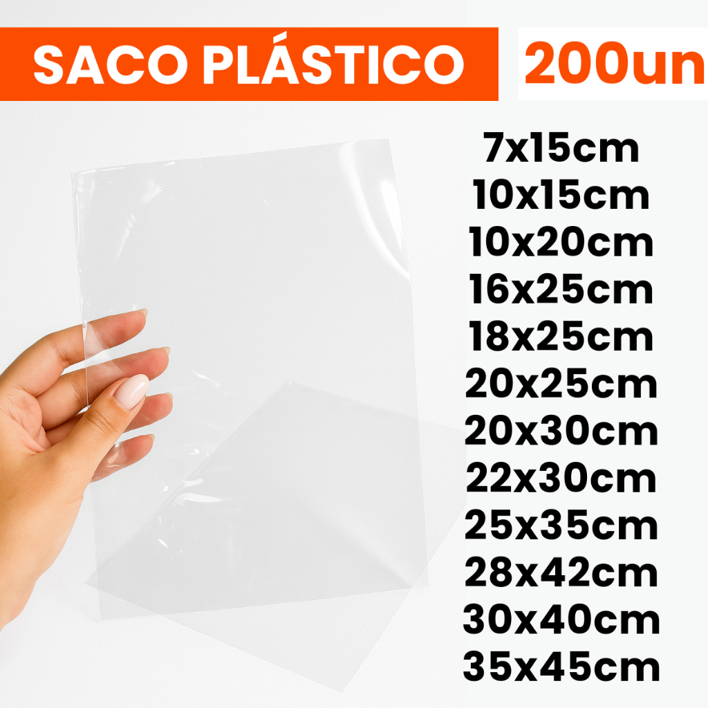200un Saco Transparente Sem Aba Plástico Brilhoso Embalagem Roupa Qualidade Várias Medidas PP