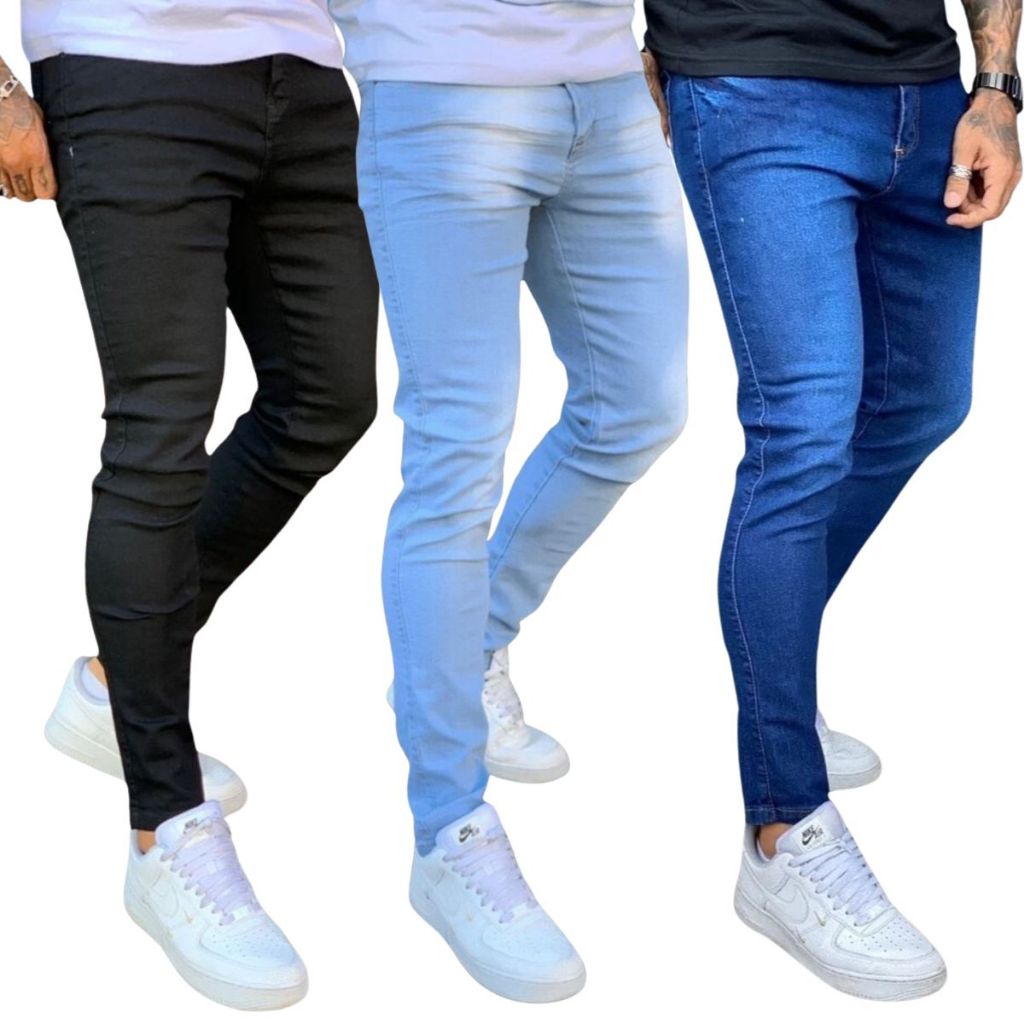 Calças Jeans Masculina Premium Skinny Corte Tradicional Basico Com Lycra Lavagem Clara Escura Ou Preta Premium