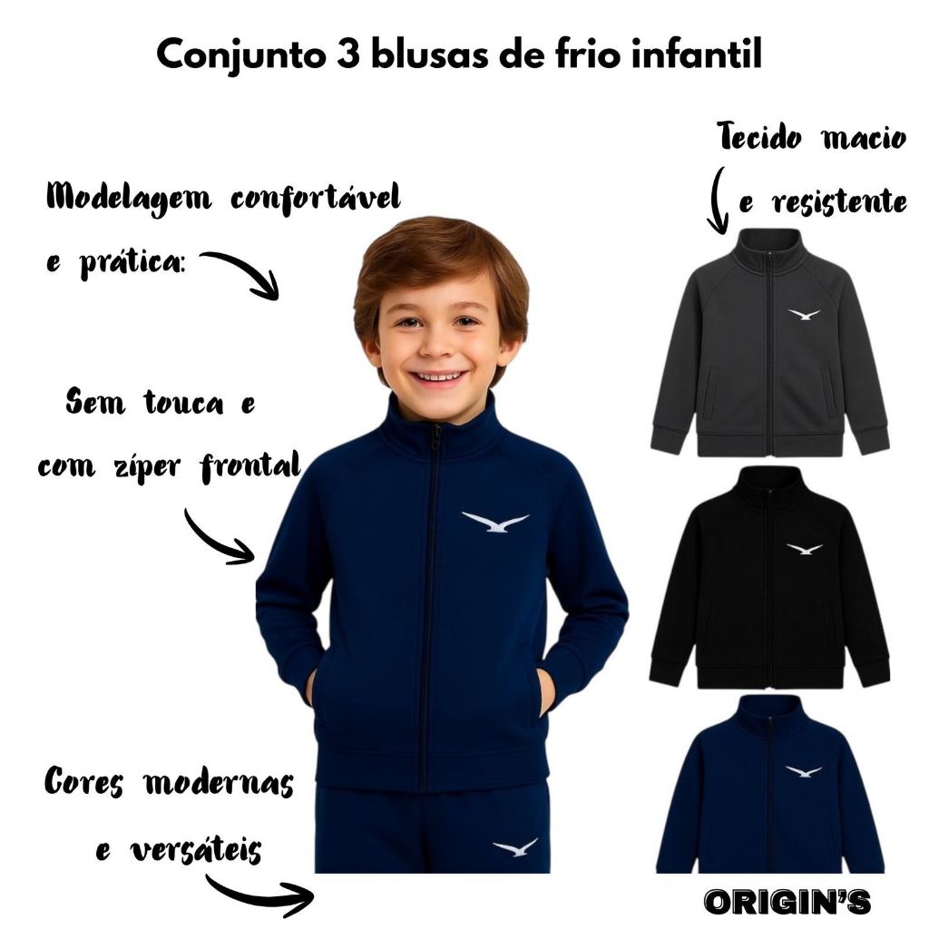 kit com 3 Blusa de Frio Infantil  3 Cores Diferente Com Bolsos