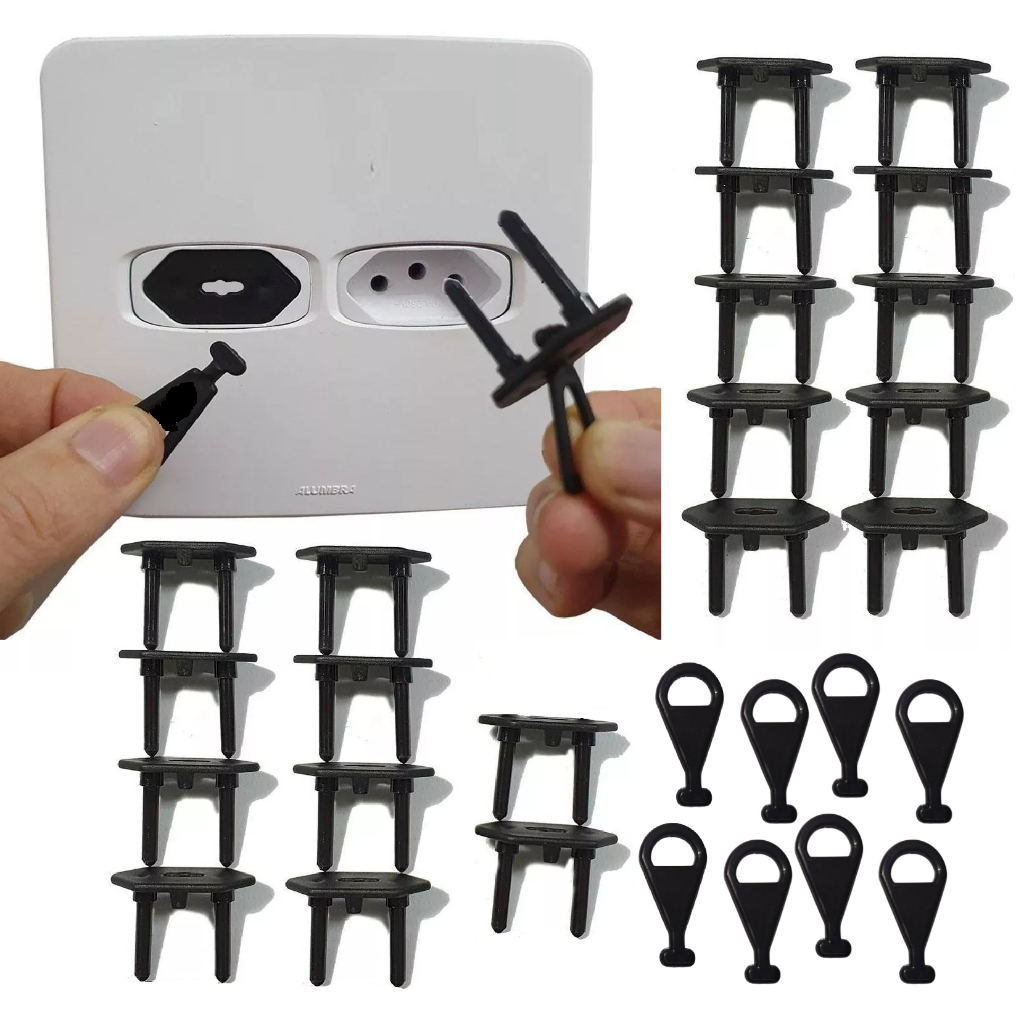 Kit 20 Protetores de Tomada Antichoque Preto 8 Chaves