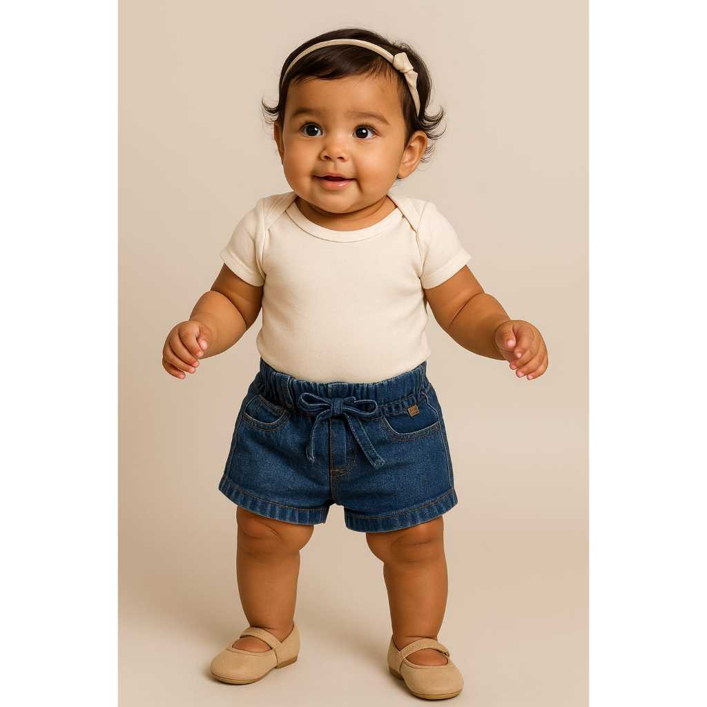 SHORT JEANS INFANTIL PREMIUM DE BEBÊ MENINA P-M-G COM CORDÃO E MUITO CONFORTO DENIM