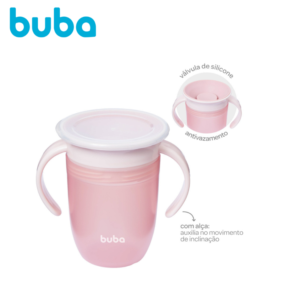 Copo de Treinamento Rosa Buba 360 para Bebê Infantil Antivazamento Para Introdução Alimentar 210 ml
