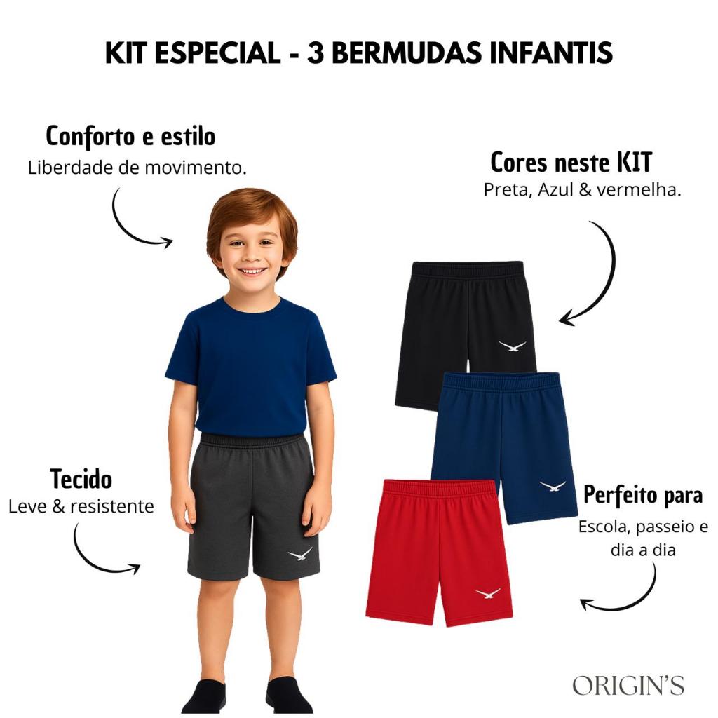 Kit 3 Bermudas Short Infantil Chimpa Estampa 04 á 16
