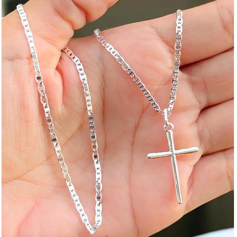 Corrente Piastrini 60cm Prata 925 + Cruz + Pulseira 21cm Masculina