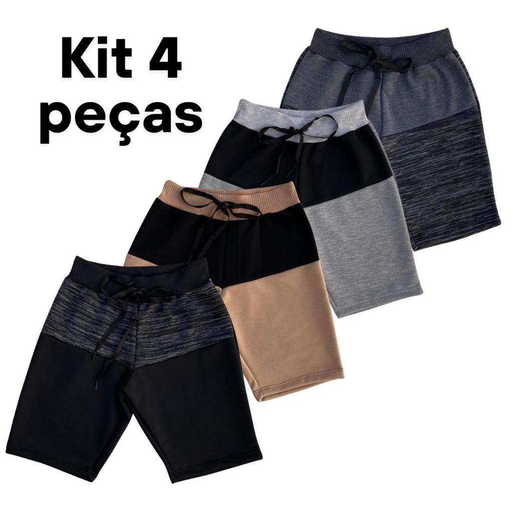 Kit 4 Bermudas Bicolor Shorts Infantil Masculina Moletom Moletinho Menino criança 02 a 12 anos