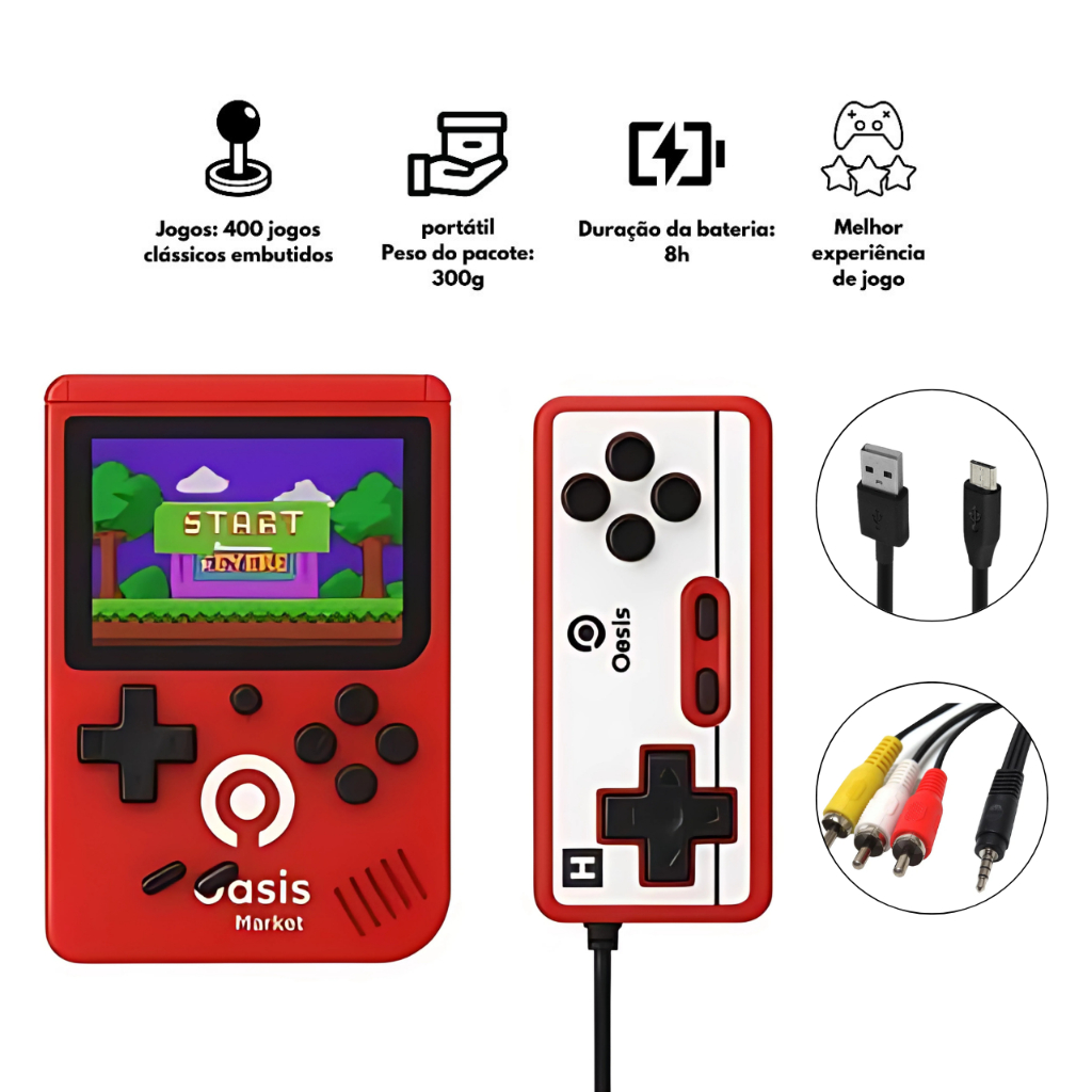 Video Game Portátil 2 Jogadores 400 jogos + Controle Mini Jogo Clássicos Retrô Recarregável Console