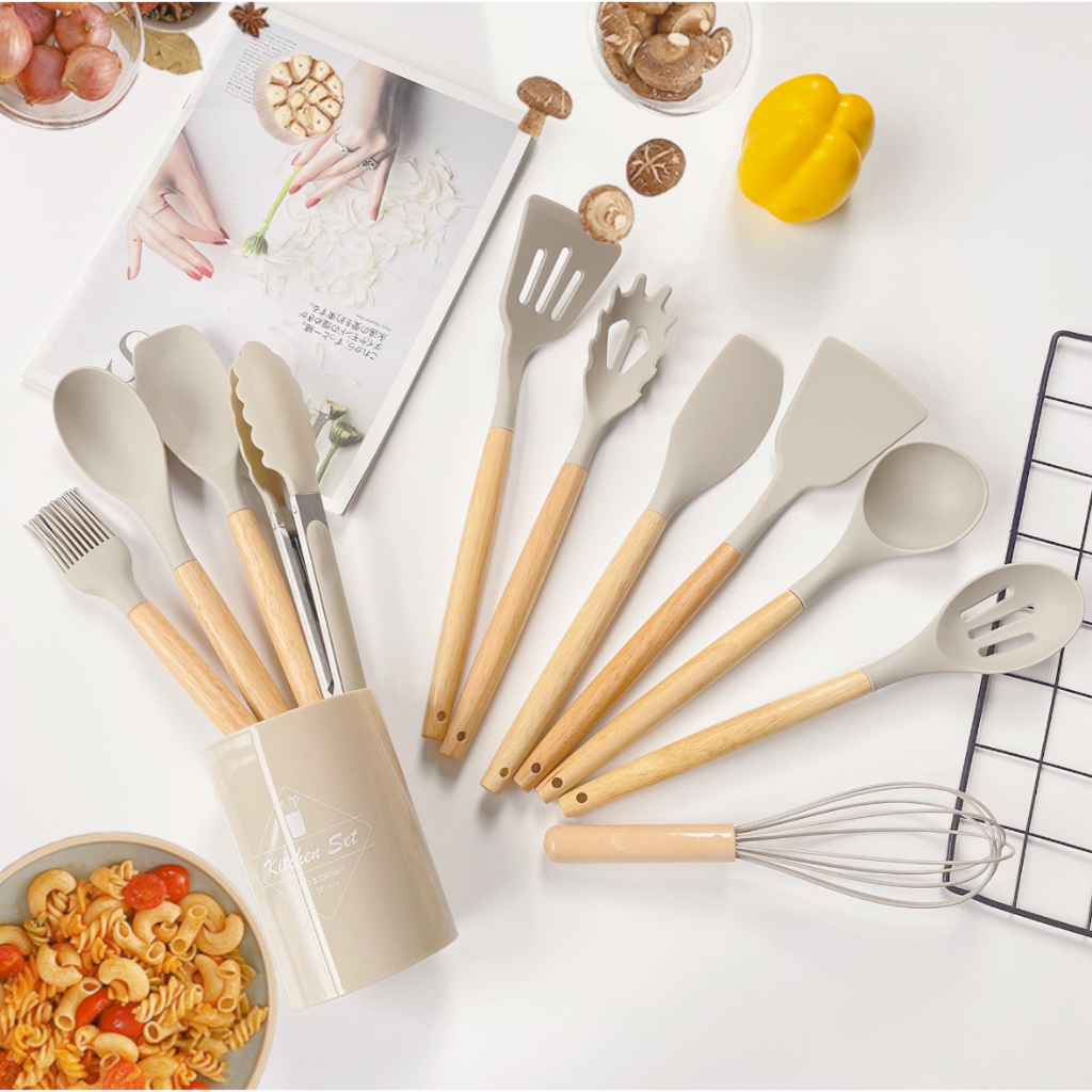 Jogo de Cozinha Kit com 12/19 Peças de Silicone Utensílios e Copo Suporte para Cozinha