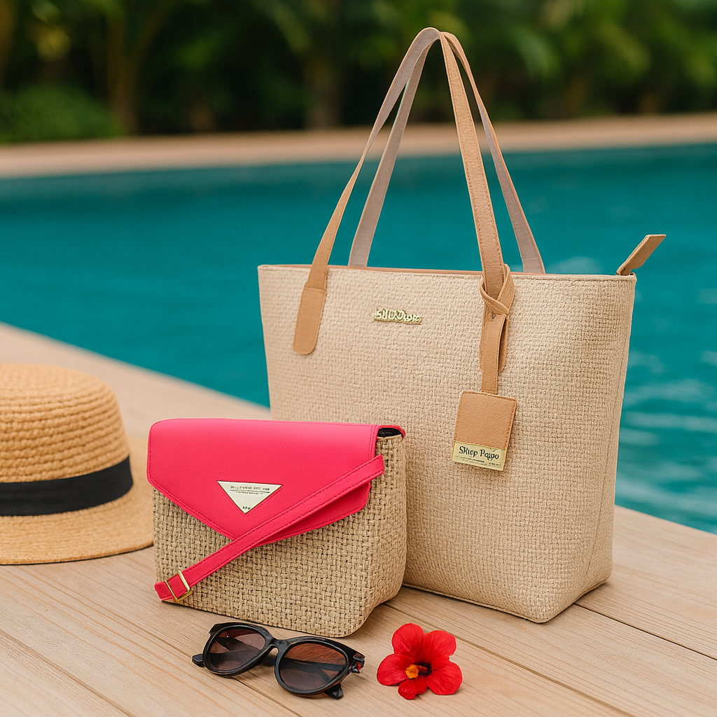 Conjunto Sacola De Praia E Bolsa Pequena Palha Verão Sbag