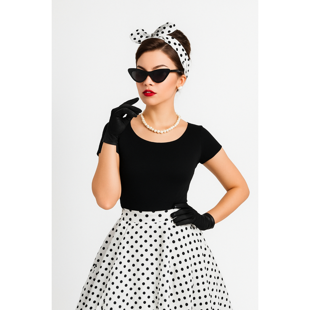 kit Fantasia anos 50 Saia Bolinha Óculos Luva Colar Brinco  e Lenço Feminino Adulto Anos 60 Retro Godê Rodada Po