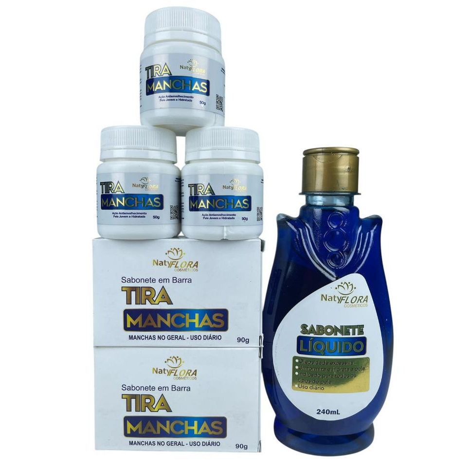 Kit Tira Manchas Completo com 3 Cremes, 2 Sabonete em Barra e 1 Sabonete Líquido Original NatyFlora
