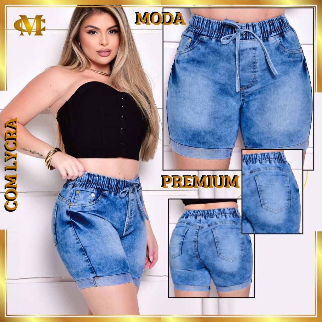 Bermuda jeans Feminino Meia Coxa Cintura Alta Zero Transparência com lycra