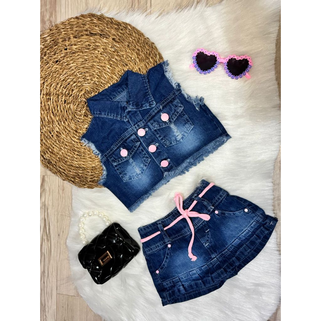 Conjunto Shorts Saia e Colete Jeans Molinho Menina 01 a 03 anos