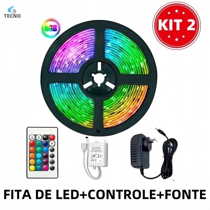 Fita de LED RGB 3528 Colorida 5m + Controle + Fonte 300 Led Decoração Home Store