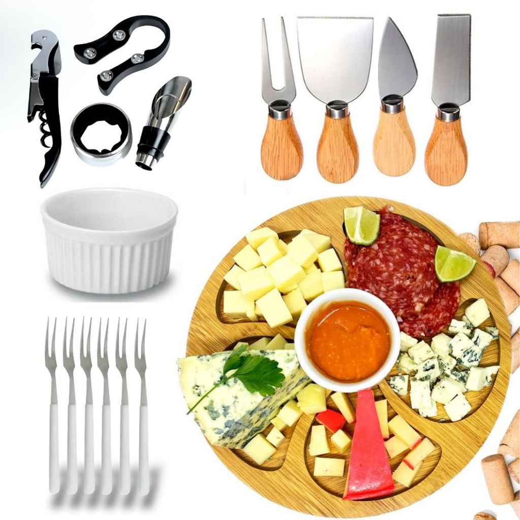 Kit Petisqueira Redonda bambu + 4 Facas Queijo + 4 Peças Vinho Com Ramekin e Garfinhos p/Petisco