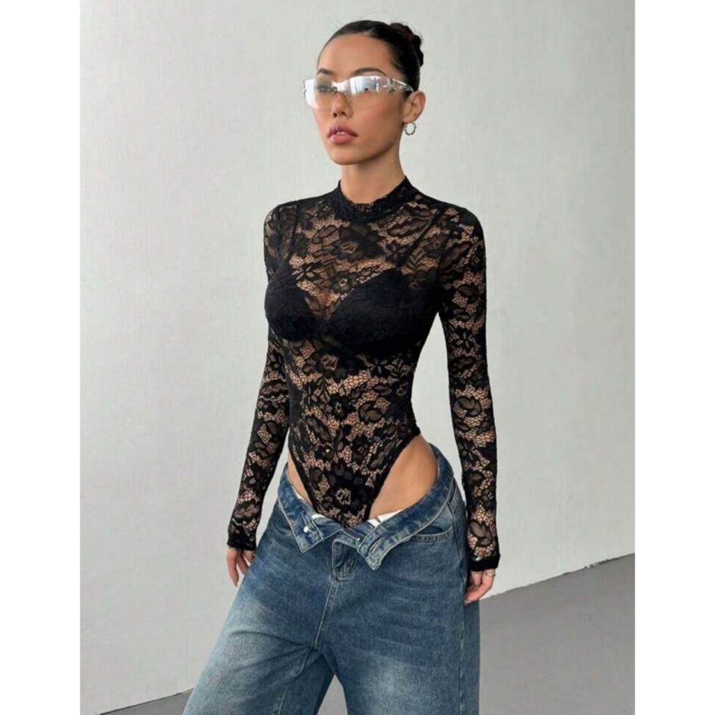 Body de Renda Tule Manga Longa Femenino sexy com flor delicada transparente