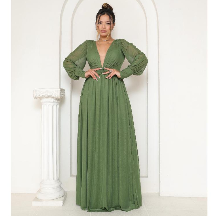 Vestido Longo Feminino com Manga Bufante em Tule  Ideal para Casamento, Festa, Madrinha ou Formatura