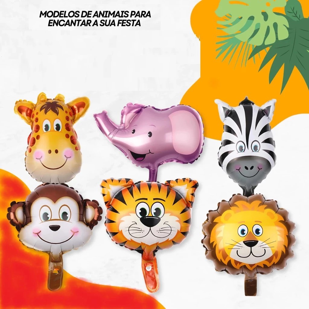 Kit Balões Safari 40cm Animais Metalizados Para Festa Infantil e Aniversários Leão Tigre Girafa