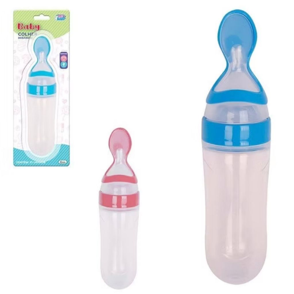 Colher Dosadora para Bebê em Silicone Alimentação Azul Menino Rosa Menina