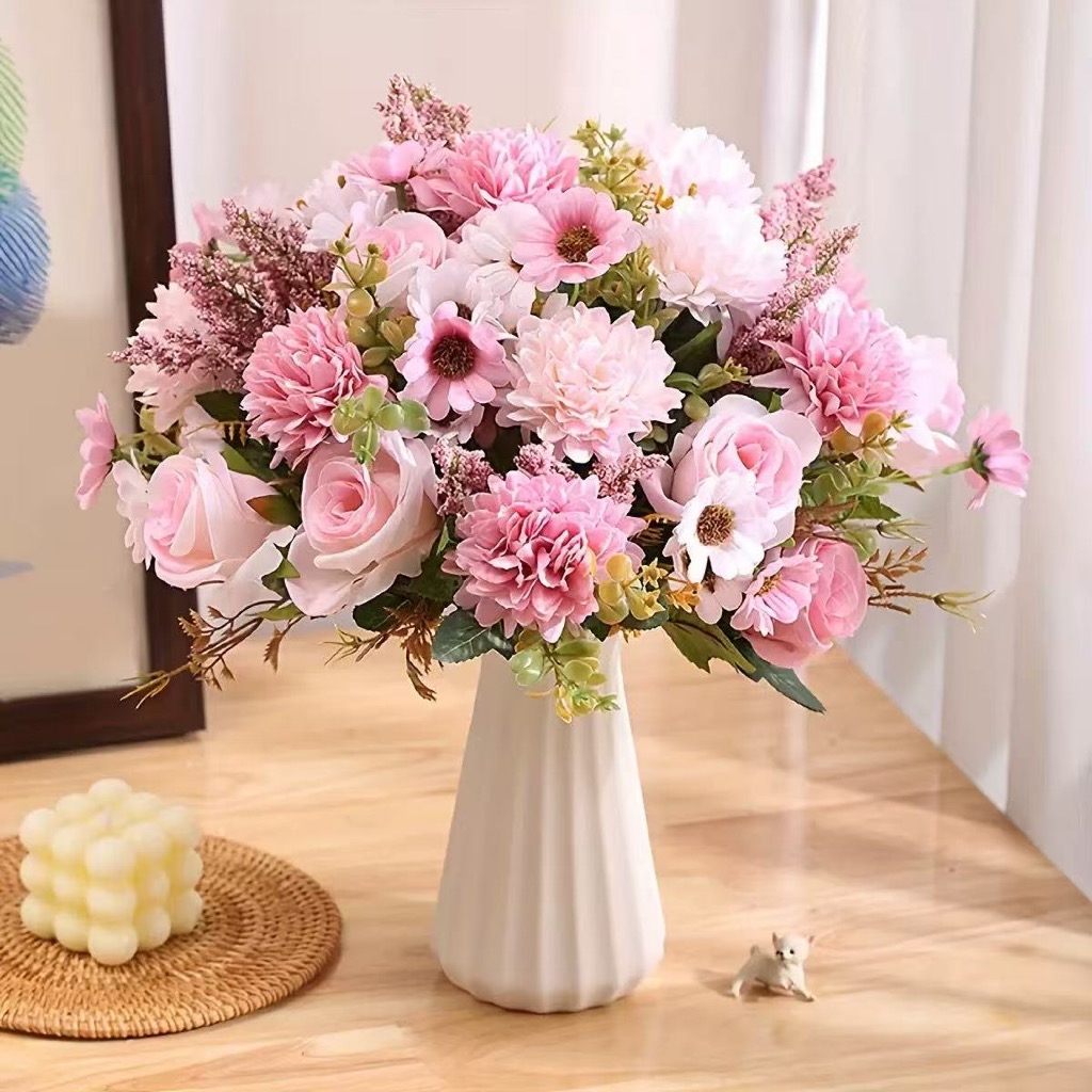 Flores artificiais 6 cabeças bola de outono crisântemo rosa--9614