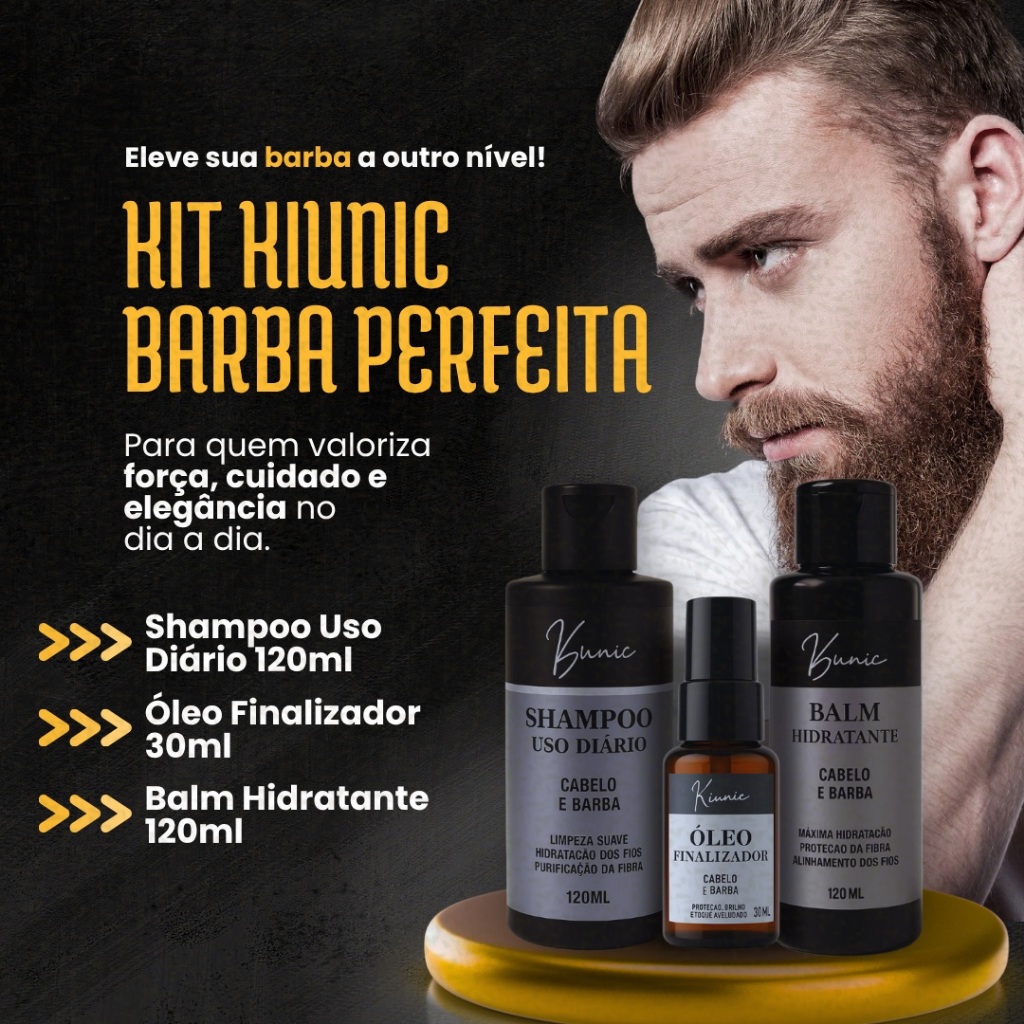 Kit Barba Premium Shampoo Perfumado + Balm Hidratante + Óleo Finalizador Kiunic