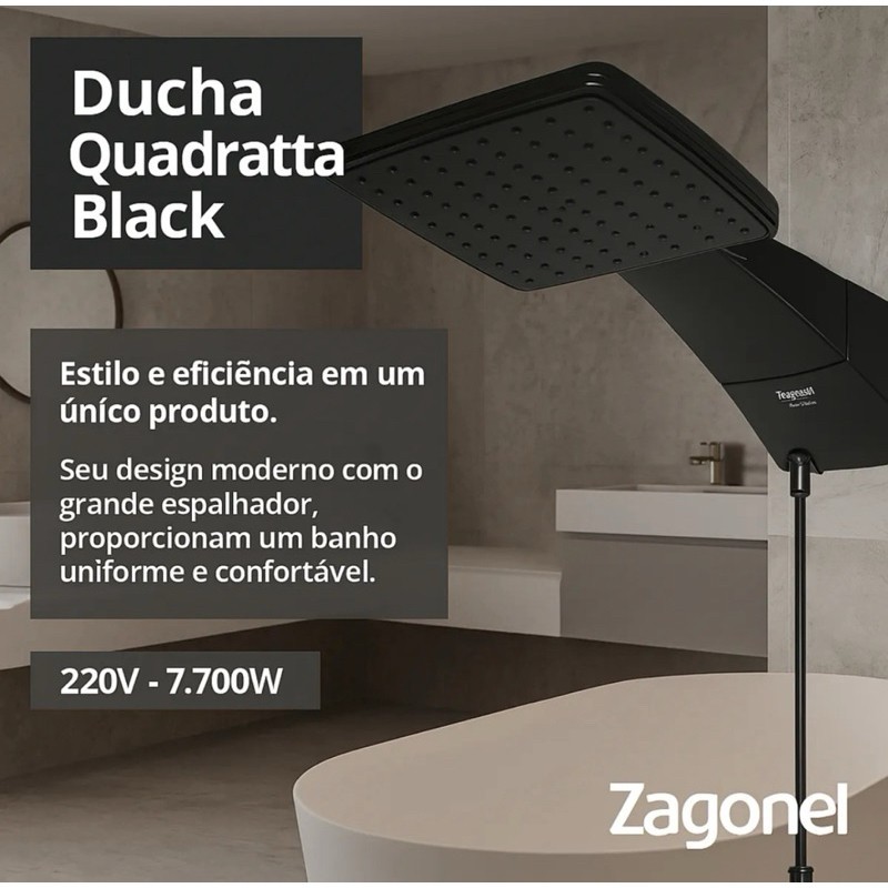 Ducha Chuveiro Quadratta Black Eletrônico 220v 7700w Zagonel Cor Preto
