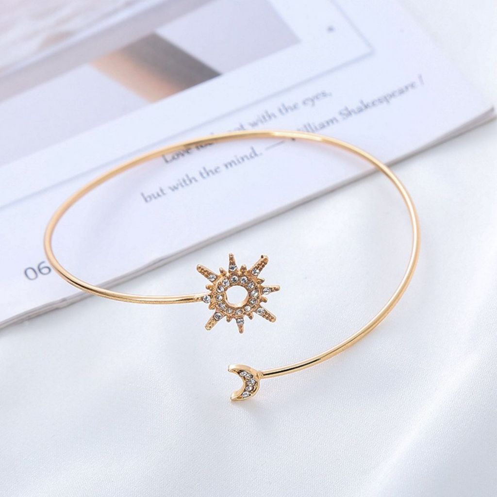 Braçadeira de metal com diamantes e sol e lua, atacado, joias da Amazon, ajustável, temperamento simples, para mulheres