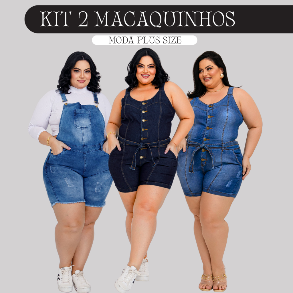 Kit 2 Macaquinhos Jardineira Short Jeans Plus Size Feminina Lycra