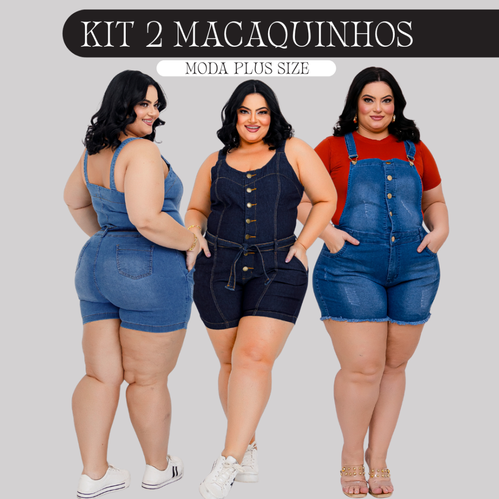 Kit 2 Jardineira Short Macaquinho Jeans Plus Size Feminina Lycra