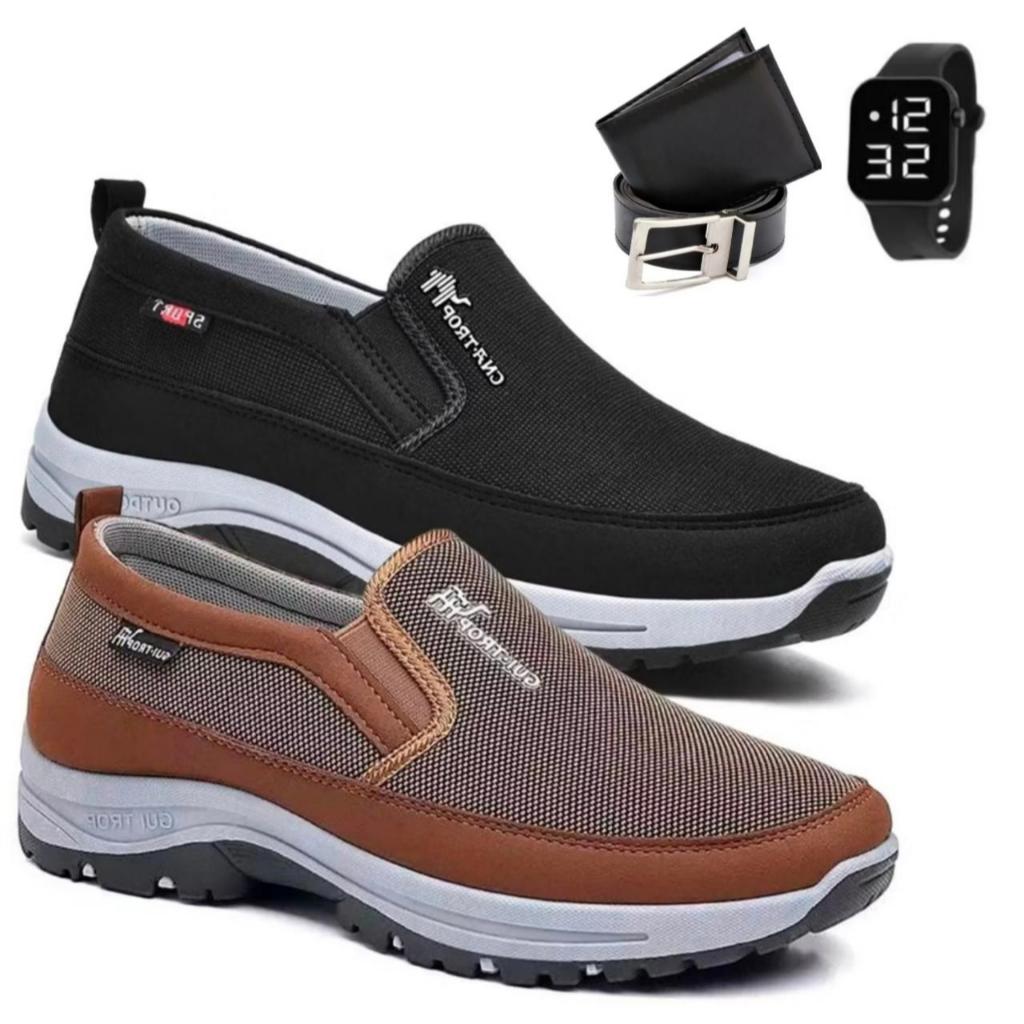 Kit 2 Pares De Tenis Mocasssin Moderno Trilha Aquatico Adventure Ortopedico Costurado Resistente + Cinto Carteira Relogi