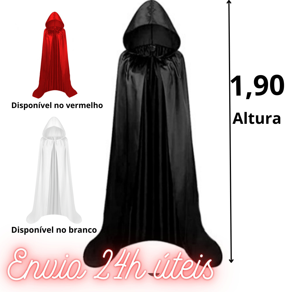 Capa Preta com Capuz Cetim Brilhante – Ideal para Cosplay, Teatro, Festa à Fantasia e Ensaio Fotográfico