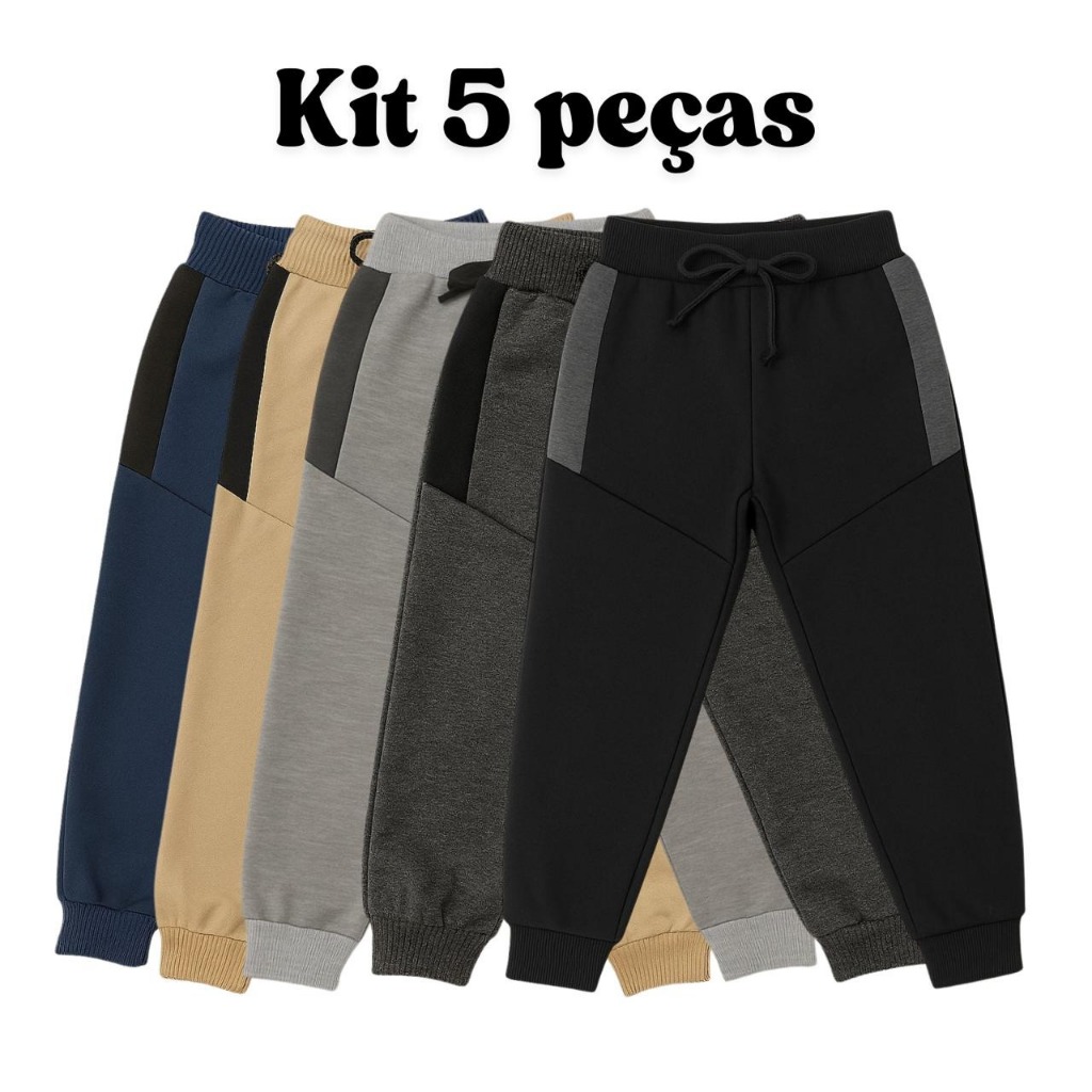 Kit 5 Calça Infantil Moletom Moletinho com Cadarço ideal para Escola