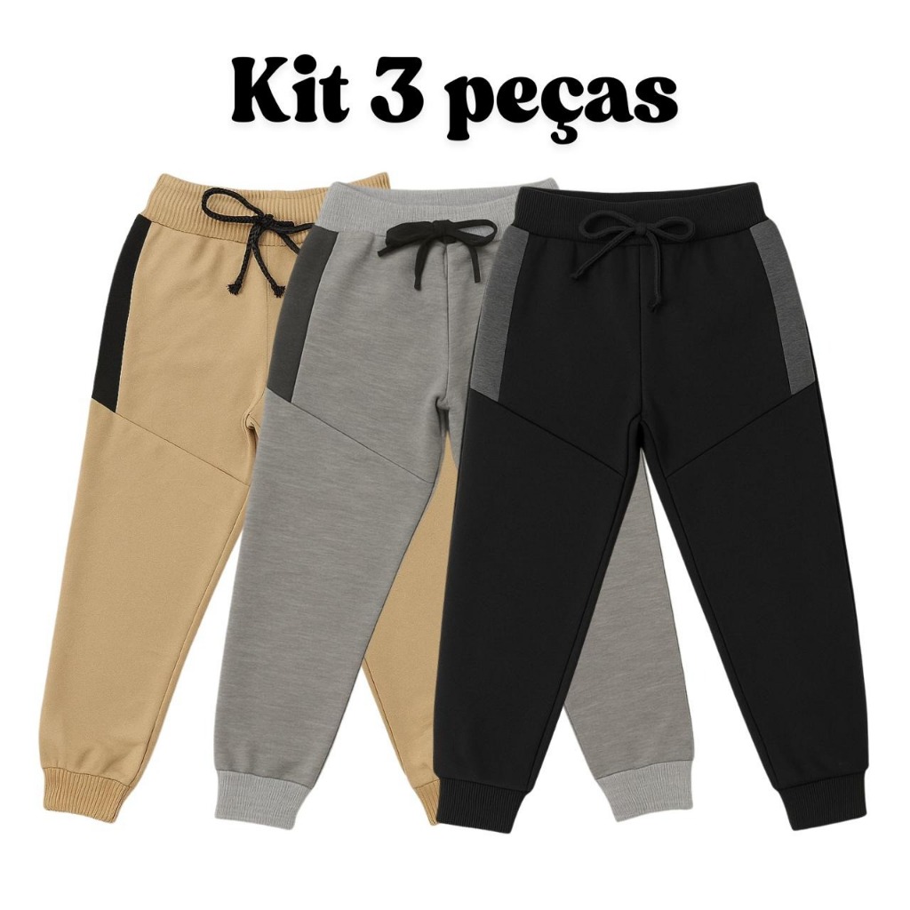 Kit 3 Calça Infantil Moletom Moletinho com Cadarço ideal para Escola e para sair