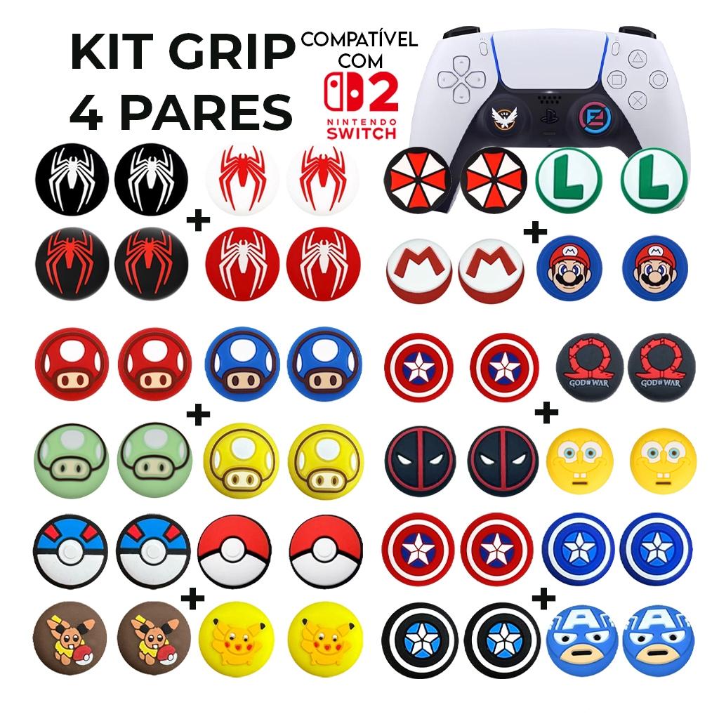 Kit 4 Pares 8 unidades de Grip Silicone Estampado Botão Ps3 Ps4 Ps5 Xbox 360 Xbox One Xbox Series S/X Wii Switch 2