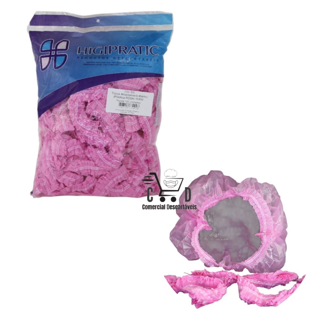 Touca Plástica Descartável Rosa 100UN Cabelo, Salão de Beleza, Cabeleireiro, Clínica Estética, Banho