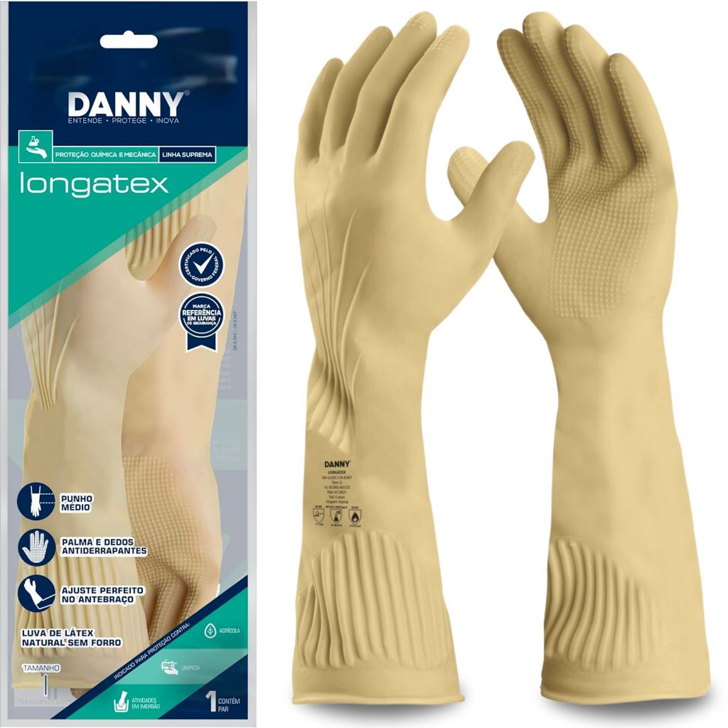 Luva Látex Borracha Natural Cano Longo Impermeável Antialergica Longatex Danny