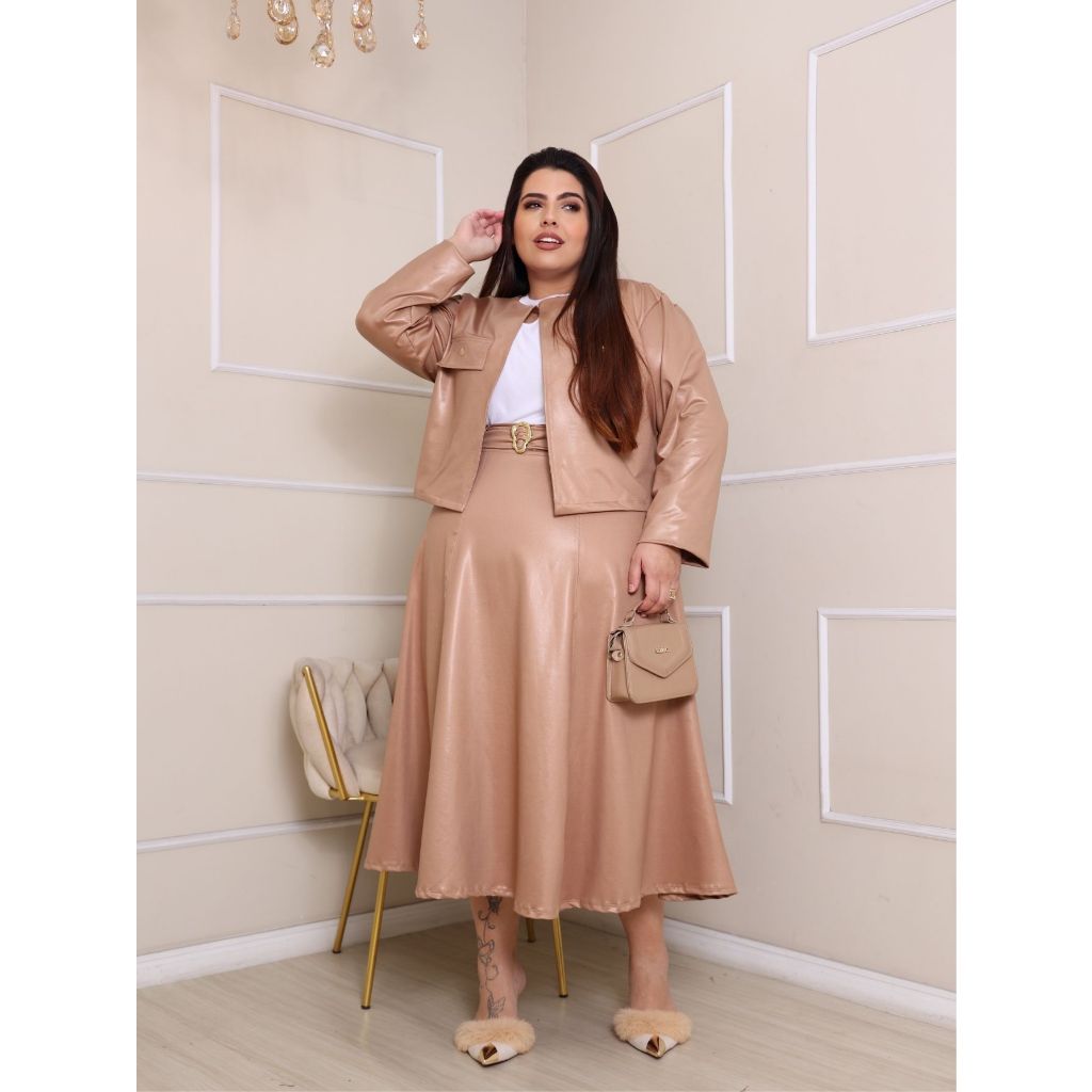 CONJUNTO PLUS SIZE  BLAZER E SAIA COM CINTO EM CIRRE MODA FEMENINO E EVANGELICO