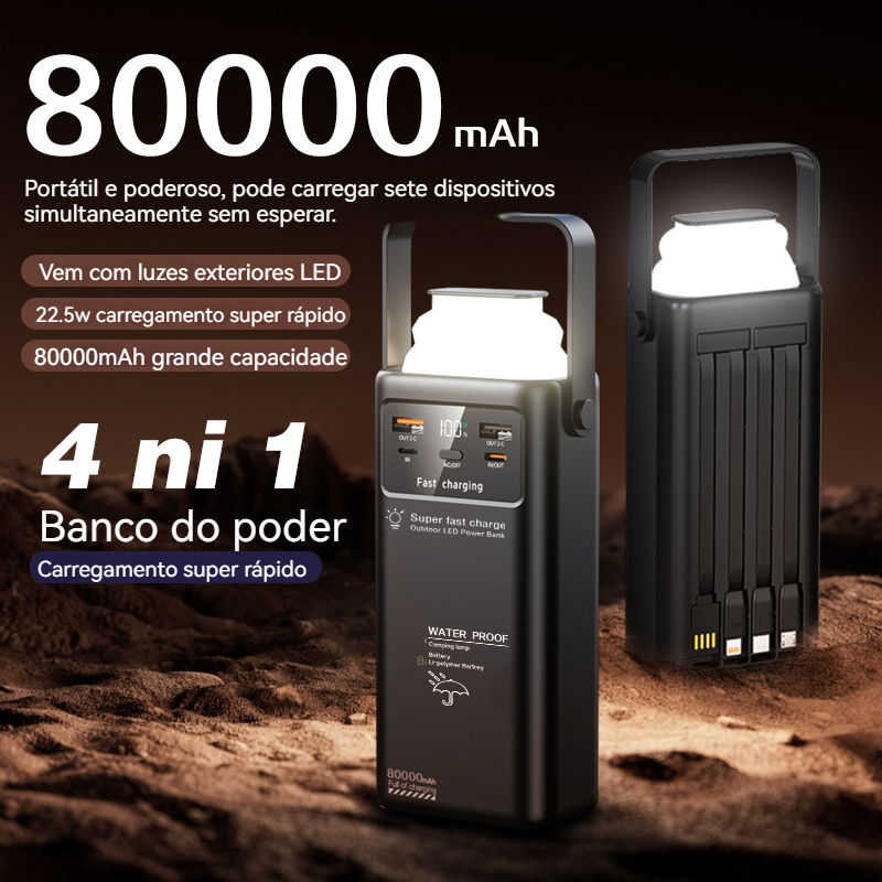 PowerBank 80000mAh PD 120WPortátil com carregamento rápido e cabo integrado Ideal para uso ao ar livre Bateria Portátil