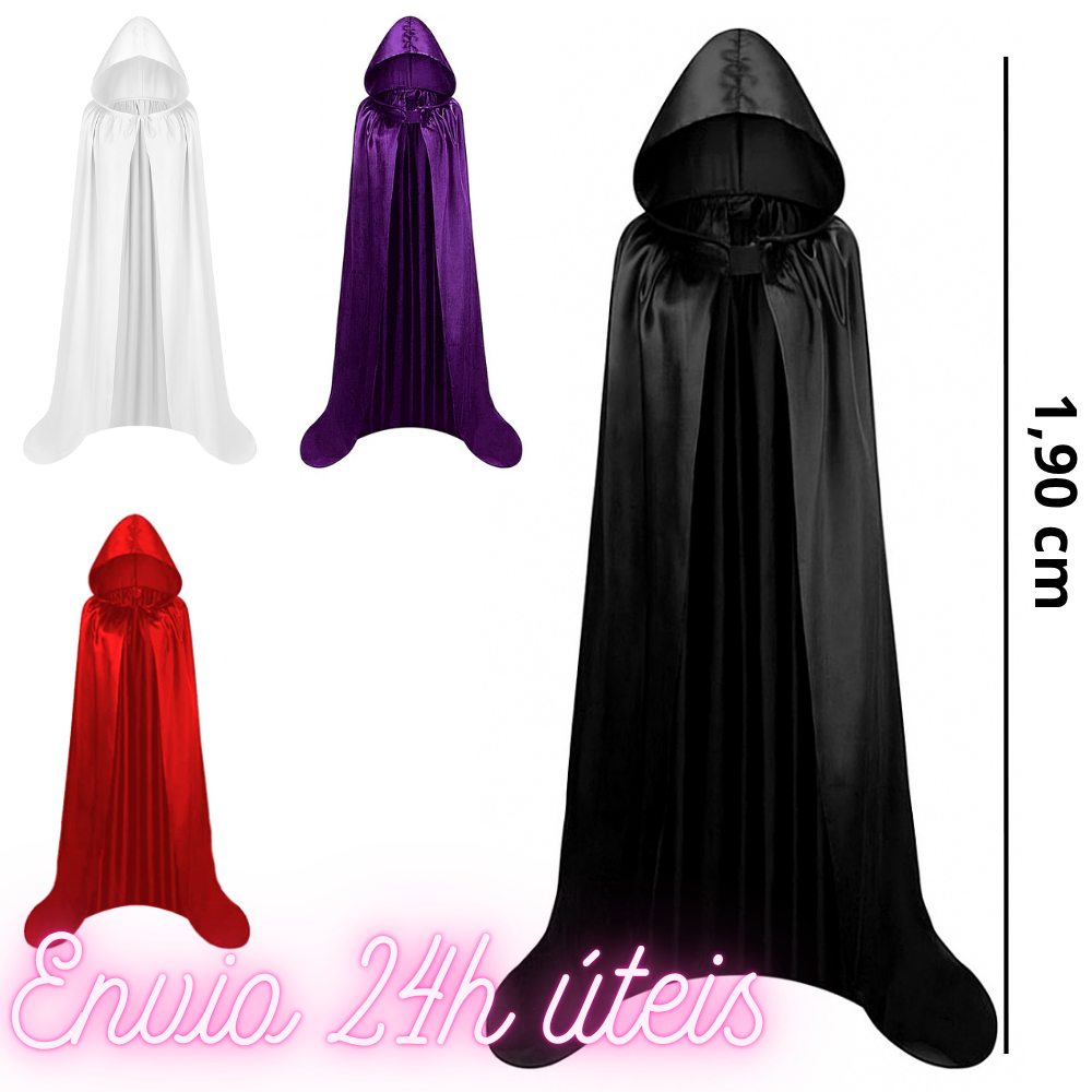 Capa Halloween Drácula Adulto Cores Variadas Longa com Capuz de Cetim para Festa e Cosplay