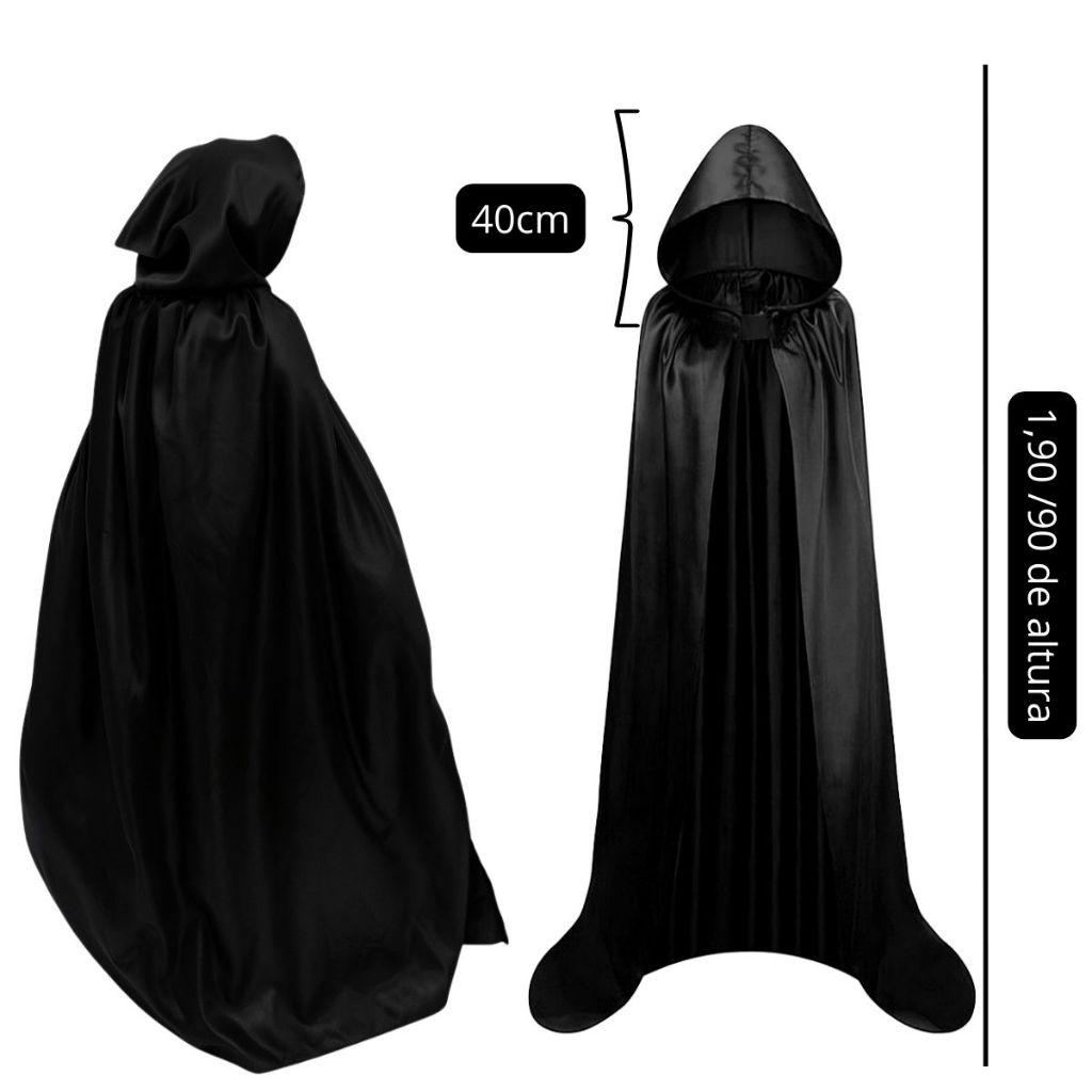 Capa Halloween Vampiro Cores Variadas Adulto Longa de Cetim com Capuz para Festa e Mago