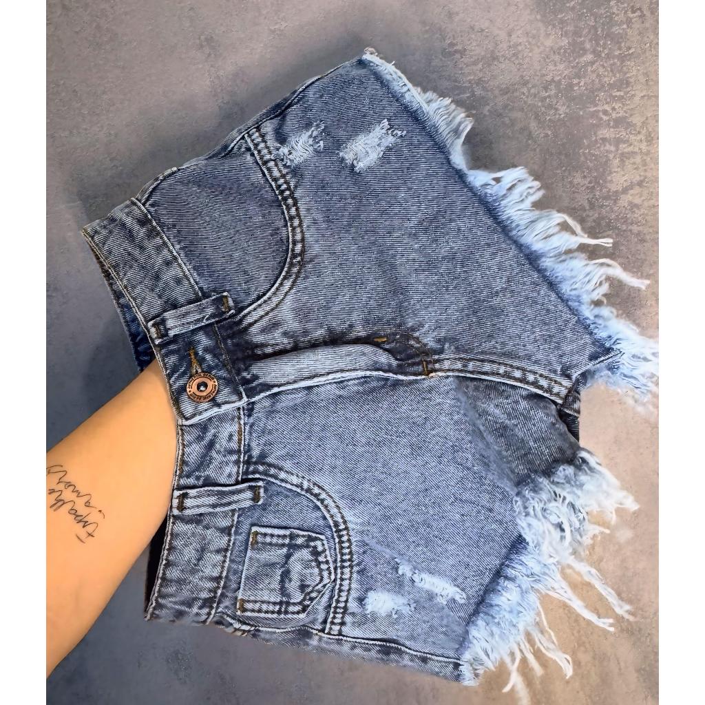 Short Jeans Feminino Cintura Alta Barra Desfiada Sem Lycra Blogueira