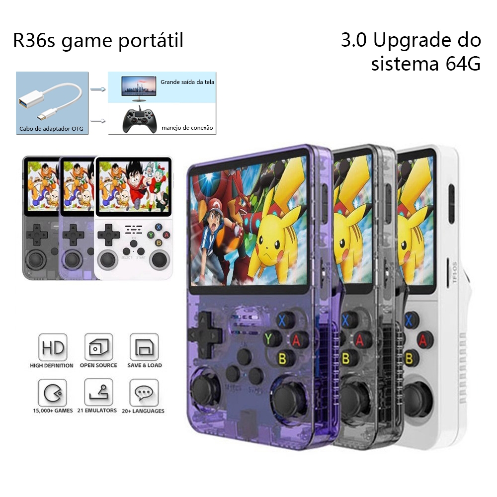 Console Portátil R36S + De 15.000 Jogos Vídeo Game 64g Linux Tela IPS 3.5 Polegadas