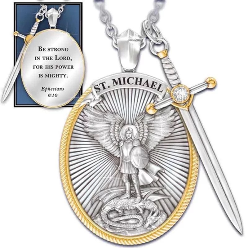 Pingente Corrente Medalha Cruz Espada São Miguel Arcanjo - Fé Escudo - Efésios 6:10 - Católico