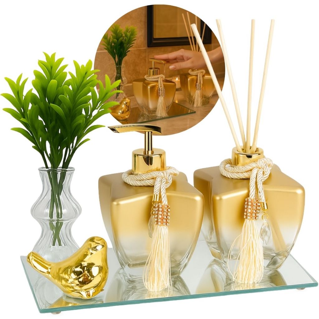 Kit Banheiro Lavabo Frascos de Vidro Estrela 280ml  Decoração Super Luxo C/ Bandeja London
