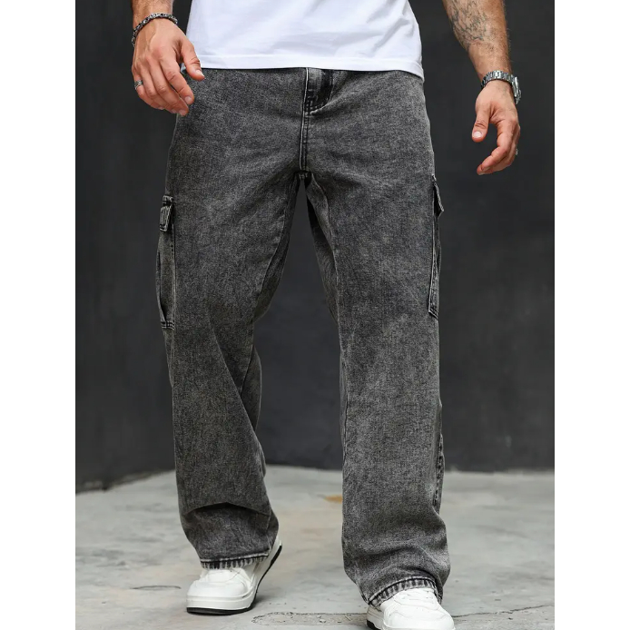 Calça Jeans Cargo Masculina  Baggy Streetwear Preta Mescla Estonado Com Cordao P Ao GG