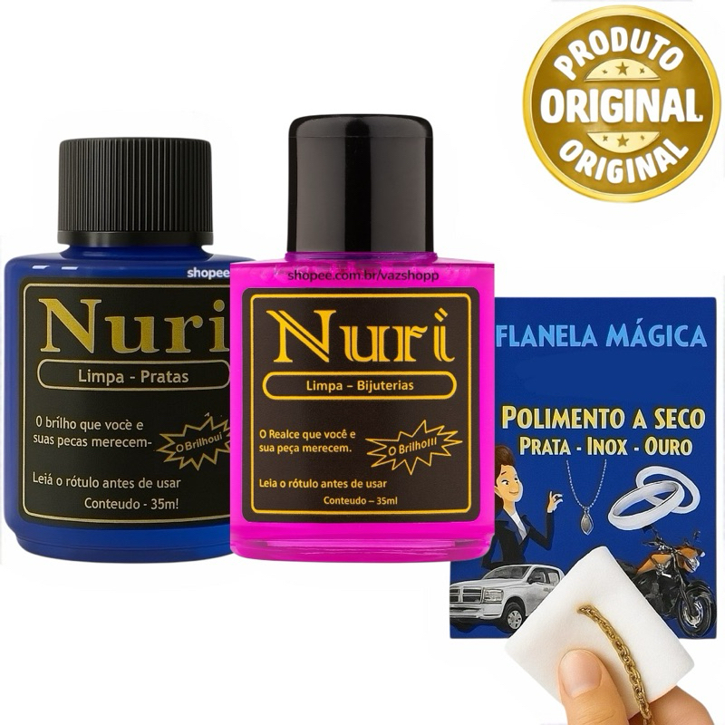 kit 1 Limpa Pratas + Limpa Bijuterias + Flanela Mágica Nuri Original