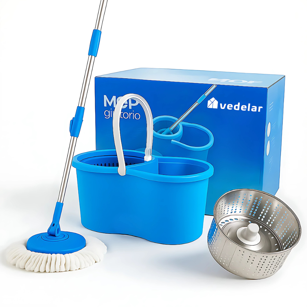 Mop desaguador Centrifugador Giratório Plástico 360°Cabo aço Inox Cesto aço Inox com balde com Refil