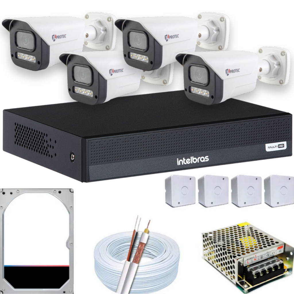 Kit 4 câmeras com gravação de áudio e imagem noturna colorida dvr intelbras 4 canais completo