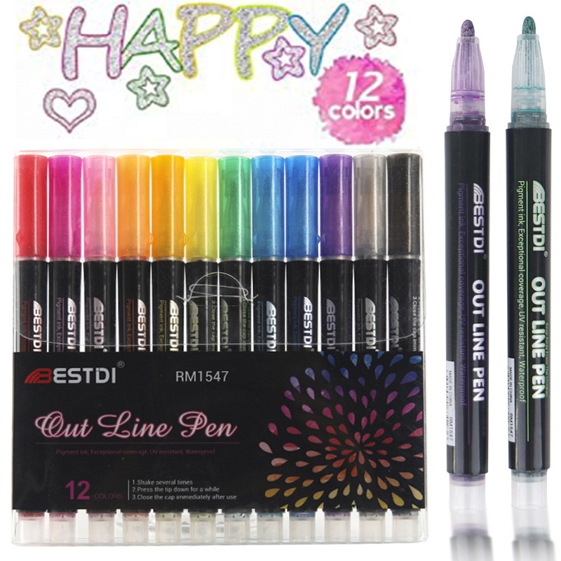 Kit de 8/12 Peças Marcador de Out Linha com Contorno Metálico Brilhante e Cores Vibrantes